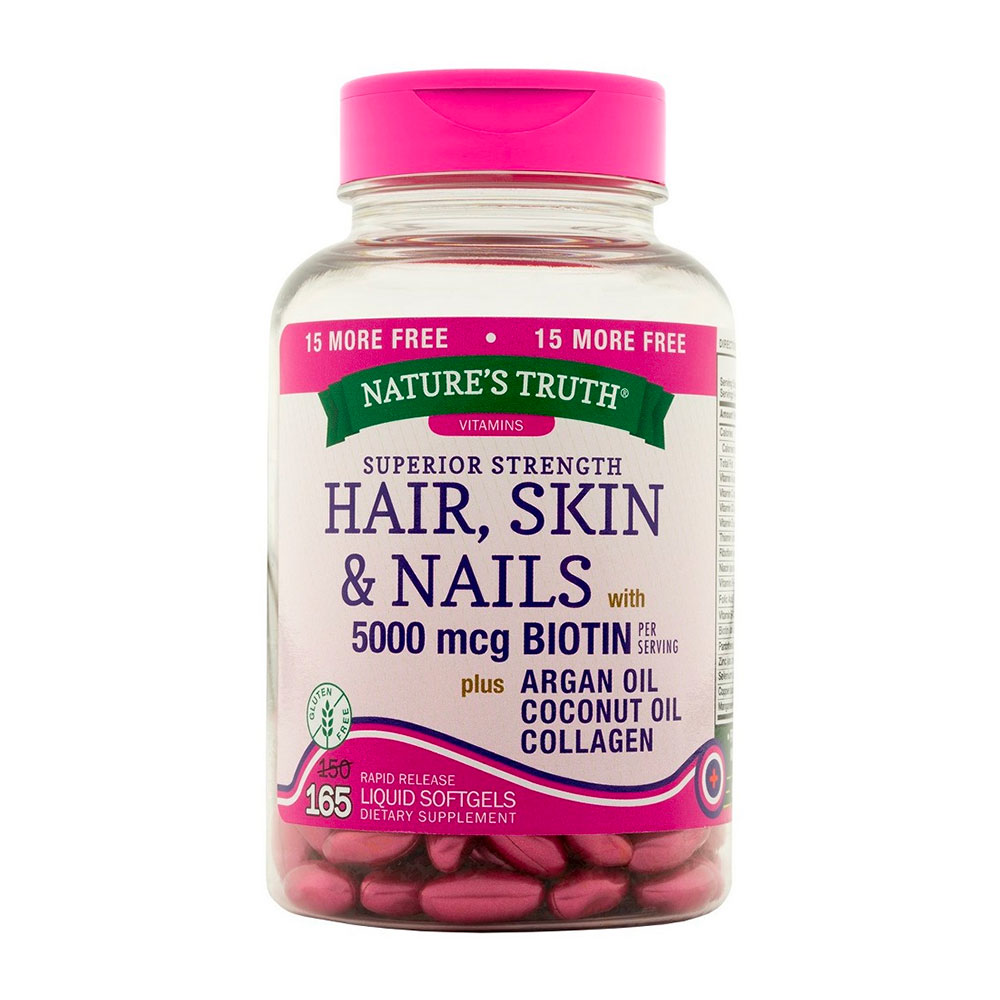 Vitamina Natures Truth Hair,Skin & Nails + Biotin 5000 mcg 165 Cápsulas Gel
