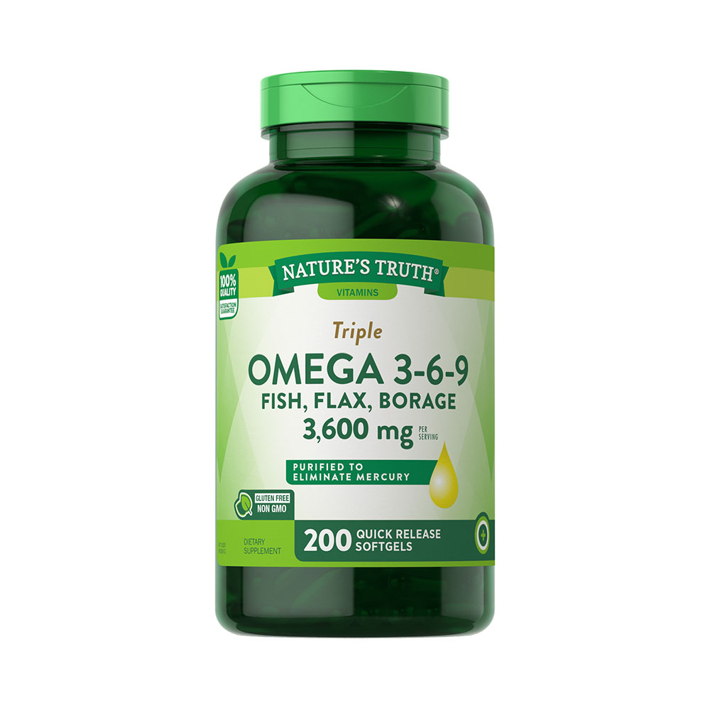 Triple Ômega 3-6-9 Nature's Truth Fish, Flax, Borage 1200 mg 200 Cápsulas Gel